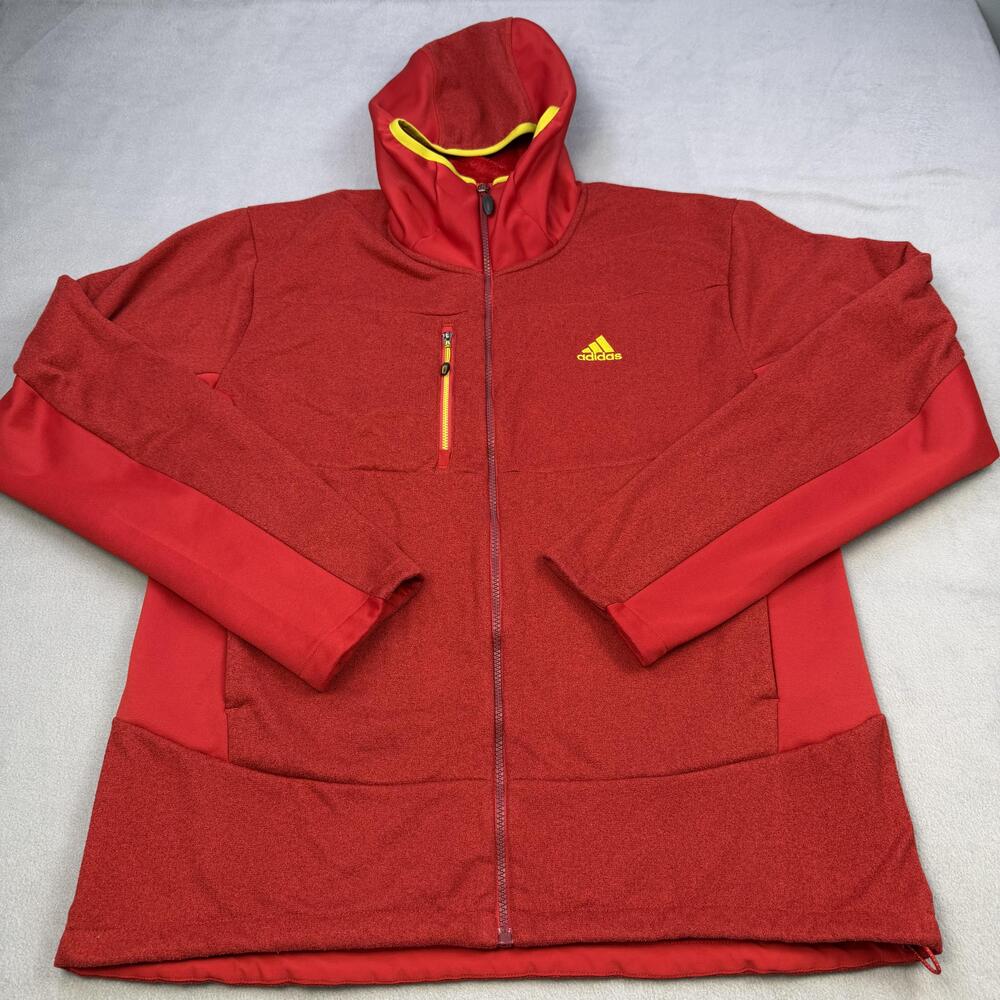 Adidas Outdoor Jacket Mens XL Red Hooded Full Zip Fleece Lined Hiking Warm